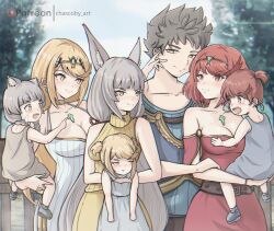 Rule 34 | 1boy, 6+girls, animal ears, bare shoulders, blonde hair, breasts, brown eyes, brown hair, carrying, carrying person, cat ears, chascoby, chest jewel, cleavage, dress, dual persona, family, father and daughter, glimmer (xenoblade), green eyes, grey hair, half-siblings, halter dress, halterneck, highres, large breasts, long hair, looking at viewer, matching hair/eyes, medium breasts, mio (xenoblade), mother and daughter, multiple girls, mythra (xenoblade), nia (xenoblade), parent and child, patreon username, polygamy, pout, pyra (xenoblade), red dress, red eyes, red hair, rex (xenoblade), ribbed dress, ribbed sweater, short hair, siblings, sisters, smile, strapless, strapless dress, sweater, very long hair, watermark, xenoblade chronicles (series), xenoblade chronicles 2, xenoblade chronicles 3, yellow eyes