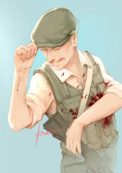 Rule 34 | 10s, 1boy, adjusting clothes, adjusting headwear, ajin (sakurai gamon), artist name, assault rifle, blood, blood on clothes, closed eyes, flat cap, grey hair, grin, gun, hat, male focus, rifle, rynisyou, satou (ajin), signature, sleeves rolled up, smile, solo, upper body, vest, weapon