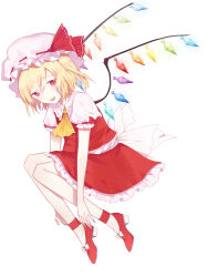 Rule 34 | 1girl, back bow, blonde hair, blue nails, bow, collared shirt, crystal, flandre scarlet, frilled shirt collar, frilled sleeves, frills, from side, full body, hat, hat ribbon, large bow, looking at viewer, looking to the side, medium hair, mob cap, multicolored wings, nail polish, no socks, one side up, open mouth, perri (mnemosine), puffy short sleeves, puffy sleeves, red bow, red eyes, red footwear, red ribbon, red skirt, red vest, ribbon, ribbon-trimmed headwear, ribbon trim, shirt, short sleeves, simple background, skirt, skirt set, sleeve bow, sleeve ribbon, solo, teeth, touhou, upper teeth only, vest, white background, white bow, white hat, white shirt, wings