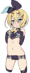 Rule 34 | 1girl, bare shoulders, black gloves, black thighhighs, blade (galaxist), blonde hair, blue eyes, blush, cropped legs, elbow gloves, fingerless gloves, flat chest, gloves, hair ornament, hair ribbon, hairclip, headphones, kagamine rin, navel, no panties, ribbon, short hair, short shorts, shorts, simple background, solo, sweat, thighhighs, vocaloid, white background