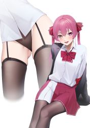 Rule 34 | 1girl, :d, black jacket, black panties, black thighhighs, blush, bow, breasts, collared shirt, commentary request, dress shirt, feet out of frame, garter straps, gluteal fold, hair between eyes, heterochromia, highres, hip focus, hololive, houshou marine, invisible chair, jacket, kuen (kuennn12), long hair, long sleeves, looking at viewer, multiple views, off shoulder, open mouth, panties, pink hair, pleated skirt, red bow, red eyes, red hair, red neckwear, red skirt, ribbon, shirt, simple background, sitting, skindentation, skirt, smile, thighhighs, thighs, twintails, two-sided fabric, two-sided jacket, two-tone skirt, underwear, virtual youtuber, white background, white shirt, white skirt, yellow eyes