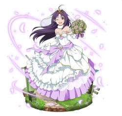 Rule 34 | 1girl, ;d, ahoge, bouquet, bridal veil, brown eyes, choker, detached sleeves, diadem, dress, floating hair, flower, full body, gloves, holding, holding bouquet, long hair, looking at viewer, one eye closed, open mouth, pointy ears, purple hair, purple ribbon, ribbon, skirt hold, sleeveless, sleeveless dress, smile, solo, standing, strapless, strapless dress, sword art online, transparent background, veil, very long hair, white dress, white flower, white gloves, yuuki (sao)