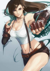 Rule 34 | 1990s (style), 1girl, breasts, clenched hand, cowboy shot, elbow gloves, elbow pads, final fantasy, final fantasy vii, fingerless gloves, gloves, hukutuuprunes, midriff, miniskirt, pencil skirt, punching, shirt, skirt, smile, smirk, solo, suspender skirt, suspenders, tank top, taut clothes, taut shirt, tifa lockhart