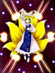 Rule 34 | 1girl, animal hat, blonde hair, dress, fox tail, frills, hat, lowres, medinki, mob cap, multiple tails, perfect cherry blossom, short hair, simple background, socks, solo, spell card, tabard, tail, touhou, white dress, yakumo ran, zun (style)