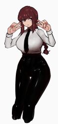 Rule 34 | 1girl, absurdres, black necktie, black pants, braid, braided ponytail, breasts, chainsaw man, collared shirt, double v, highres, large breasts, looking at viewer, makima (chainsaw man), mano (manobece), medium hair, necktie, pants, red hair, ringed eyes, shirt, shirt tucked in, sidelocks, simple background, solo, v, white background, white shirt, wide hips, yellow eyes