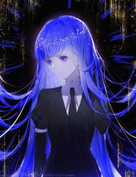 Rule 34 | 1other, androgynous, arm at side, black gloves, blue eyes, blue hair, dated, elbow gloves, eyelashes, gem uniform (houseki no kuni), gloves, hand up, houseki no kuni, lapis lazuli (houseki no kuni), long hair, looking away, looking down, necktie, other focus, solo, straight hair, upper body, very long hair, wyc zz