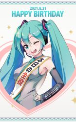 Rule 34 | 1girl, ;d, absurdres, aqua eyes, aqua hair, aqua nails, aqua necktie, bare shoulders, birthday sash, blush, breasts, dated, detached sleeves, grey shirt, hands on own hips, happy birthday, hatsune miku, headset, heart, highres, long hair, long sleeves, looking at viewer, miu (angelo whitechoc), nail polish, necktie, one eye closed, open mouth, round teeth, sash, shirt, shoulder sash, small breasts, smile, solo, sparkle, teeth, translation request, twintails, upper body, upper teeth only, very long hair, vocaloid, white background