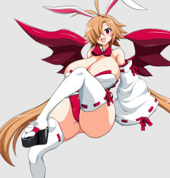 Rule 34 | 1girl, absurdres, animal ears, breasts, brown hair, cleavage, detached sleeves, disgaea, disgaea rpg, hair over one eye, highres, huge breasts, japanese clothes, leotard, long hair, looking at viewer, lucy (disgaea), miko, open mouth, playboy bunny, red eyes, smile, solo, thighhighs, very long hair