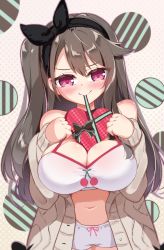 Rule 34 | 1girl, azur lane, bloomers, blush, box, breasts, brown hair, camisole, cardigan, cleavage, crop top, hairband, heart-shaped box, highres, large breasts, long hair, midriff, mikage (shibi), mouth hold, navel, official alternate costume, open cardigan, open clothes, pamiat merkuria (azur lane), pamiat merkuria (sweet cherry memories) (azur lane), red eyes, ribbon, ribbon in mouth, short shorts, shorts, side ponytail, smile, solo, underwear, valentine