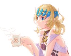 Rule 34 | 1girl, artist request, backlighting, bare shoulders, black shirt, blonde hair, blowing, blue eyes, breasts, bridal gauntlets, coffee mug, cup, diadem, fate/grand order, fate (series), medium hair, mug, open mouth, pollux (fate), robe, shirt, simple background, small breasts, solo, steam, white background, white robe