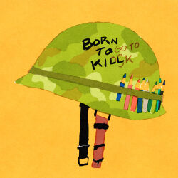 Rule 34 | camouflage, colored pencil, full metal jacket, helmet, highres, iida kento, no humans, original, pencil, simple background, still life, yellow background