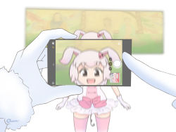 Rule 34 | 2girls, :d, animal ears, blurry, blurry background, bow, cellphone, character request, commentary request, depth of field, dress, fur-trimmed sleeves, fur trim, gloves, highres, holding, holding phone, kemono friends, long sleeves, multiple girls, nokemono-san (bocchi friend), open mouth, phone, pig (kemono friends), pig ears, pig girl, pig tail, pink bow, pink hair, pink legwear, smile, tail, taking picture, thighhighs, white background, white dress, white gloves