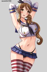 Rule 34 | 1girl, arms behind head, black hairband, black neckerchief, black panties, blue sailor collar, blue skirt, blush, breasts, brown eyes, brown hair, cosplay, cowboy shot, crop top, elbow gloves, gloves, gradient background, grey background, hair between eyes, hairband, highleg, highleg panties, highres, kantai collection, large breasts, littorio (kancolle), looking at viewer, microskirt, mizuki (uzuki no sato), neckerchief, one-hour drawing challenge, panties, sailor collar, shimakaze (kancolle), shimakaze (kancolle) (cosplay), skirt, solo, striped clothes, striped thighhighs, thighhighs, twitter username, underwear, wavy hair