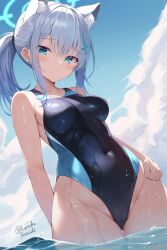 Rule 34 | 1girl, animal ear fluff, animal ears, black one-piece swimsuit, blue archive, blue eyes, blue sky, breasts, cameltoe, cloud, cloudy sky, competition swimsuit, covered navel, cowboy shot, cross hair ornament, day, grey hair, hair ornament, halo, highres, light blush, low ponytail, medium breasts, medium hair, mismatched pupils, official alternate costume, one-piece swimsuit, ponytail, shiroko (blue archive), shiroko (swimsuit) (blue archive), sky, solo, swimsuit, tateishi kureha, twitter username, water, wet, wolf ears