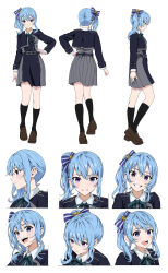 Rule 34 | 1girl, absurdres, blue eyes, blue hair, bow, closed mouth, crossover, expressions, grin, hair bow, hand on own hip, highres, hololive, hoshimachi suisei, konbanwa01, long sleeves, lycoris recoil, lycoris uniform, open mouth, short hair, side ponytail, smile, two-tone dress, virtual youtuber
