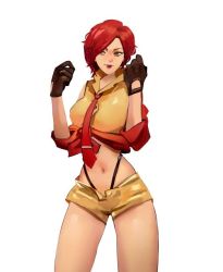 Rule 34 | ass, breasts, cosplay, cowboy bebop, faye valentine, faye valentine (cosplay), gloves, jacket, lipstick, makeup, red eyes, red hair, red jacket, red tie, shirt, short pants, smile, snk, the king of fighters, vanessa (kof), yellow shirt