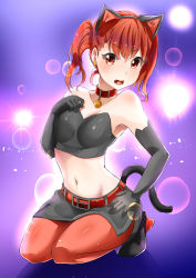 Rule 34 | 1girl, animal ears, bell, belt, black gloves, cat ears, cat tail, collar, elbow gloves, fang, gloves, hand on own hip, highres, kyoubashi amane, lens flare, murabito c, neck bell, open mouth, pantyhose, red eyes, red hair, red pantyhose, school girl strikers, seiza, side slit, sitting, skirt, solo, spotlight, strapless, tail, tube top, twintails