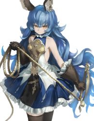 Rule 34 | 1girl, animal ears, bare shoulders, big hair, blue hair, breasts, brown gloves, brown thighhighs, closed mouth, cowboy shot, dress, earrings, ferry (granblue fantasy), frilled dress, frills, gloves, granblue fantasy, hair between eyes, highres, holding, holding weapon, jewelry, long hair, looking at viewer, simple background, single earring, small breasts, solo, standing, thighhighs, very long hair, wasabi60, weapon, whip, white background, yellow eyes