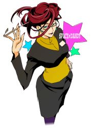 Rule 34 | !, 10s, 1girl, brown hair, copyright name, cropped legs, earrings, fingernails, formal, glasses, green eyes, hand on own hip, jewelry, lipstick, long fingernails, looking at viewer, makeup, mature female, natsu, purple thighhighs, scarlet (space dandy), simple background, skirt, skirt suit, solo, space dandy, star (symbol), suit, thighhighs, white background
