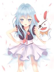 Rule 34 | 10s, 1girl, bad id, bad pixiv id, blue eyes, blue hair, blush, date a live, dress, eyepatch, hand puppet, highres, holding, looking at viewer, necktie, puppet, rabbit, red necktie, seedkeng, short hair with long locks, short sleeves, sidelocks, simple background, standing, white background, yoshino (date a live), yoshinon
