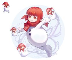 Rule 34 | 1girl, artist name, bodysuit, buttons, closed mouth, dungeon and fighter, floating, looking at viewer, meinoss, multiple views, orange eyes, pointy ears, red hair, red scarf, reference inset, scarf, white bodysuit