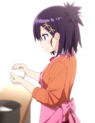 Rule 34 | 10s, 1girl, apron, cardigan, collared shirt, cooking, cowboy shot, food, from side, gabriel dropout, goribote, hair ornament, hairclip, onigiri, pink apron, pot, profile, purple eyes, purple hair, rice, school uniform, shirt, sideways mouth, smile, solo, vignette tsukinose april, white background, x hair ornament