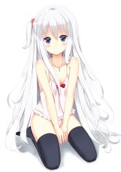 Rule 34 | 1girl, bad id, bad pixiv id, black thighhighs, blue eyes, blush, camisole, collarbone, cross, flat chest, grey hair, highres, jewelry, long hair, necklace, ocha no ha, one side up, original, panties, sitting, solo, thighhighs, underwear, v arms, very long hair, white background