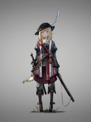 Rule 34 | 1girl, blonde hair, blue eyes, commentary request, commission, deel (rkeg), elf, grey background, gun, hat, highres, holding, holding gun, holding map, holding weapon, looking at viewer, map, original, pointy ears, short hair, simple background, solo, standing, weapon