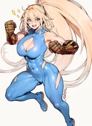 Rule 34 | 1girl, abs, blonde hair, blush, bodysuit, breasts, cleavage, gauntlets, highres, large breasts, long hair, muscular, muscular female, open mouth, original, ponytail, signature, solo, sparkle, topsu, white background