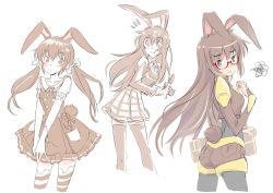 Rule 34 | 1girl, alternate costume, alternate hairstyle, animal ears, brown hair, rabbit ears, rabbit tail, camera, character sheet, dress, female focus, glasses, iesupa, multiple views, partially colored, rabbit girl, rwby, skirt, tail, thighhighs, twintails, velvet scarlatina, white background