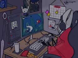 Rule 34 | 1girl, black skin, calendar (object), chair, chat log, colored skin, desk, drawing (object), ekkopiee, headphones, hollow knight, hornet (hollow knight), indoors, keyboard (computer), knight (hollow knight), monitor, mouse (computer), playing games, sitting, solo, stuffed toy, table