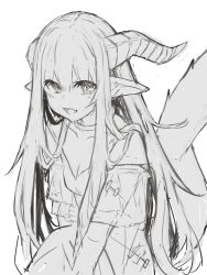 Rule 34 | 1girl, :d, bare shoulders, breasts, cleavage, collarbone, commentary request, fang, greyscale, hair between eyes, highres, horns, long hair, looking at viewer, monochrome, off-shoulder shirt, off shoulder, open mouth, original, pointy ears, shirt, simple background, sketch, small breasts, smile, solo, tail raised, very long hair, white background, yuuji (yukimimi)