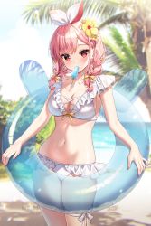 Rule 34 | 1girl, artist name, atelier live, bare arms, bikini, blue sky, blush, braid, breasts, cleavage, cloud, cloudy sky, collarbone, commentary request, day, flower, food, food in mouth, frilled bikini, frills, hair flower, hair ornament, hair over shoulder, hair ribbon, hairband, highres, innertube, long hair, looking at viewer, medium breasts, mole, mole on breast, navel, outdoors, palm tree, pink hair, pinku (vtuber), popsicle, red eyes, ribbon, rosuuri, sky, solo, swim ring, swimsuit, transparent, tree, twin braids, virtual youtuber, watermark, web address, white bikini, white hairband, white ribbon, yellow flower