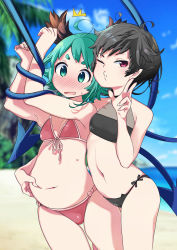 Rule 34 | 2girls, ahoge, animal ears, arms up, bandeau, bare arms, bare shoulders, beach, belly grab, bikini, black bikini, black hair, blue sky, blue wings, blurry, blurry background, blush, bound, bound arms, breasts, cloud, commentary request, cowboy shot, day, front-tie bikini top, front-tie top, green eyes, green hair, hand up, highres, houjuu nue, kasodani kyouko, looking at viewer, multiple girls, namauni, navel, no nose, nose blush, o3o, ocean, one eye closed, open mouth, outdoors, palm tree, pink bikini, plump, pointy ears, red eyes, short hair, side-tie bikini bottom, sky, small breasts, standing, stomach, ^^^, sweat, swimsuit, thick eyebrows, thighs, touhou, tree, w, wings