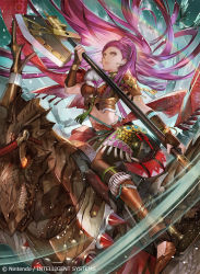 Rule 34 | 1girl, axe, bracelet, brown eyes, company name, copyright name, dragon, earrings, fire emblem, fire emblem: three houses, fire emblem cipher, high heels, holding, holding axe, jewelry, kyouka hatori, long hair, nintendo, official art, parted lips, petra macneary, ponytail, purple hair, riding, solo, wyvern