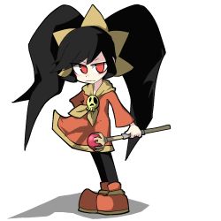 Rule 34 | 1girl, ashley (warioware), big hair, black hair, black pantyhose, blush, child, closed mouth, dress, female focus, flat chest, full body, hairband, hand on own hip, highres, holding, holding staff, jaggy lines, kan (kam48360493), legs together, light blush, long hair, long sleeves, looking at viewer, neckerchief, nintendo, pantyhose, red dress, red eyes, red footwear, shoes, simple background, skull, solo, staff, standing, twintails, warioware, white background, yellow hairband, yellow neckerchief