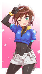 Rule 34 | 1girl, aile (mega man zx), arm behind back, arm up, blue jacket, blush, bodystocking, bodysuit, bracelet, breasts, brown hair, cleavage, collar, cougar (cougar1404), crop top, female focus, gloves, gold bracelet, green eyes, jacket, jewelry, looking at viewer, mega man (series), mega man zx, midriff, navel, one eye closed, open mouth, outside border, partially fingerless gloves, pink background, robot ears, shiny clothes, short hair, short shorts, shorts, skin tight, small breasts, smile, thighs, v, wink