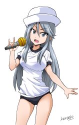 Rule 34 | 1girl, \n/, artist name, black buruma, blue eyes, buruma, commentary, cowboy shot, dixie cup hat, double m/, double n/, flint (girls und panzer), girls und panzer, gym shirt, gym uniform, hat, highres, holding, holding microphone, long hair, looking at viewer, m/, microphone, military hat, one-hour drawing challenge, open mouth, ponzu rui, shirt, short sleeves, signature, simple background, solo, standing, t-shirt, tilted headwear, white background, white hair, white hat, white shirt