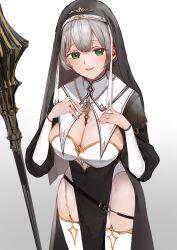 1girl absurdres black_dress black_veil breast_curtains breasts cleavage dress flanged_mace garter_straps green_eyes grey_hair habit hands_on_own_chest highres hololive jewelry large_breasts long_sleeves looking_at_viewer necklace nun official_alternate_costume official_alternate_hair_length official_alternate_hairstyle open_mouth pelvic_curtain pixie_cut puffy_long_sleeves puffy_sleeves shirogane_noel shirogane_noel_(nun) simple_background smile solo surupi00 thighhighs thighs veil virtual_youtuber white_garter_straps white_thighhighs