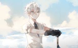 Rule 34 | 1other, androgynous, antarcticite, artist name, batensan, black gloves, black necktie, blue eyes, cloud, collared shirt, crystal hair, gem uniform (houseki no kuni), gloves, hair between eyes, houseki no kuni, looking afar, necktie, own hands together, puffy short sleeves, puffy sleeves, shirt, short hair, short sleeves, sky, solo, sword, upper body, weapon, white hair, white shirt
