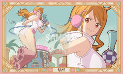 Rule 34 | 1girl, ass, bangle, bare legs, bare shoulders, belt bag, blue sky, boots, bracelet, breasts, building, character name, closed mouth, cloud, cloudy sky, commentary request, drinking straw, dust cloud, floating, floating hair, food, french fries, from behind, full body, gun, headphones, holding, holding gun, holding weapon, hood, hood down, hooded jacket, jacket, jewelry, knee boots, large breasts, leotard, log pose, long hair, looking at viewer, looking back, multiple views, nami (one piece), nami (one piece) (egghead), official alternate costume, one piece, orange eyes, orange hair, palm tree, pink bag, pink footwear, sample watermark, science fiction, single sidelock, sky, sleeveless, sleeveless jacket, smile, tomiwo, tree, upper body, watermark, weapon, whale, white jacket, white leotard, wide hips