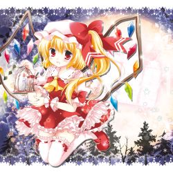 Rule 34 | 1girl, ascot, blonde hair, blush, bow, candle, dress, fang, female focus, flandre scarlet, hat, mary janes, open mouth, red eyes, ribbon, shoes, short hair, side ponytail, smile, solo, embodiment of scarlet devil, thighhighs, touhou, tree, white-brown, wings, zettai ryouiki