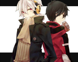 Rule 34 | 2boys, back-to-back, black hair, bookcage, can, coat, headphones, jacket, kagerou project, kisaragi shintarou, konoha (kagerou project), letterboxed, lowres, male focus, multiple boys, open mouth, red eyes, scarf, scarf over mouth, shirt, short hair, striped clothes, striped shirt, vocaloid, winter clothes, yamaha
