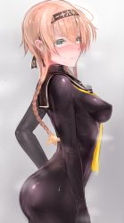 Rule 34 | 1girl, ass, black bodysuit, black headband, blush, bodysuit, braid, breasts, closed mouth, clothes writing, embarrassed, from side, gradient background, grey background, hair ornament, headband, impossible clothes, kantai collection, latex, light brown hair, long hair, looking at viewer, medium breasts, nose blush, propeller hair ornament, sailor collar, skin tight, solo, sweatdrop, teruzuki (kancolle), twin braids, uni96 (uknee96), upper body, yellow neckwear