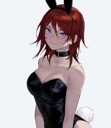 Rule 34 | 1girl, animal ears, arms at sides, bad id, bad instagram id, bare arms, black choker, black leotard, breasts, choker, cleavage, collarbone, commentary, dongho kang, fake animal ears, grey background, heart, heart choker, highres, large breasts, leotard, looking back, medium hair, original, pink eyes, playboy bunny, rabbit ears, rabbit tail, red hair, simple background, smile, solo, tail