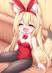 Rule 34 | 1girl, absurdres, animal ears, black pantyhose, blonde hair, blush, bow, bowtie, closed eyes, couch, detached collar, fang, flat chest, fox ears, fox girl, fox tail, hair ribbon, hairband, highres, kinomiki nobori, leotard, long hair, looking at viewer, open mouth, original, pantyhose, playboy bunny, red bow, red bowtie, red leotard, red ribbon, ribbon, sitting, smile, tail