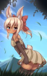 Rule 34 | 1girl, animal ears, bare shoulders, black gloves, black thighhighs, blonde hair, blue eyes, blush, bow, day, elbow gloves, from side, gloves, highres, hotel01, leaning forward, long hair, looking back, original, outdoors, ponytail, rabbit ears, rabbit tail, ribbon, shirt, skirt, skirt tug, solo, tail, thighhighs, wind, zettai ryouiki