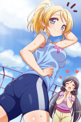 Rule 34 | 10s, 2girls, :d, ^ ^, ass, ayase eli, bike shorts, black hair, blonde hair, blue eyes, breasts, closed eyes, cloud, day, closed eyes, hair ornament, hairclip, heart, impossible clothes, impossible shirt, kuga yoshito, long hair, love live!, love live! school idol festival, love live! school idol project, medium breasts, multiple girls, off shoulder, open mouth, pantylines, ponytail, scrunchie, shirt, smile, sweat, t-shirt, tojo nozomi