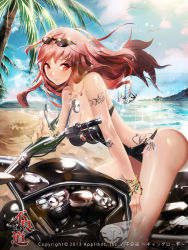 Rule 34 | 1boy, 1girl, bad id, bad pixiv id, beach, bracelet, breasts, cleavage, cloud, dated, day, eyewear on head, furyou michi ~gang road~, highres, hxxg, jewelry, long hair, looking at viewer, lots of jewelry, medium breasts, motor vehicle, motorcycle, necklace, o-ring, o-ring bottom, ocean, original, outdoors, palm tree, red eyes, red hair, shiny skin, sky, smile, solo focus, sunglasses, swimsuit, tattoo, tree, vehicle, wagatsuma sakine, water