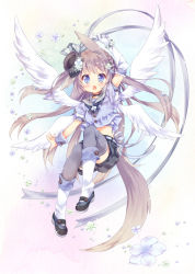 Rule 34 | 1girl, animal ears, bike shorts, black footwear, black shorts, blue eyes, blush, braid, chestnut mouth, ech, feathered wings, floating hair, floral background, full body, grey hair, grey thighhighs, hat, highres, long hair, looking at viewer, mary janes, midriff, mini hat, multiple wings, open mouth, original, sailor collar, shoes, short shorts, short sleeves, shorts, side braid, solo, tail, thighhighs, white wings, wings, wrist cuffs